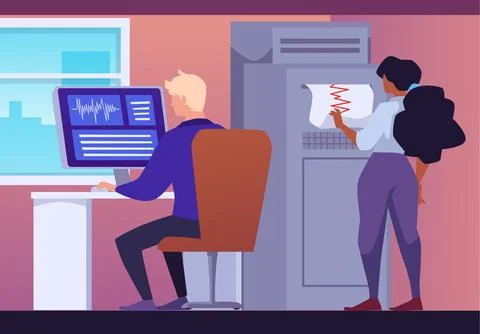 People in cabinet analyze data back view flat style, vector illustration Stockillustratie