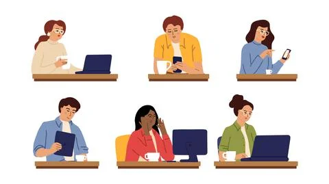 People in cafe. Drinking coffee tea characters. Men women working, drink Stock Illustration