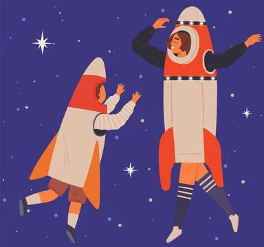 People in cardboard or plastic rocket suits. Men and child in self made costumes Stock Illustration