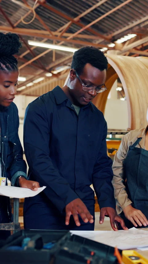 People, carpenter and blueprint in workshop for manufacturing, products design Stock Footage 340383419
