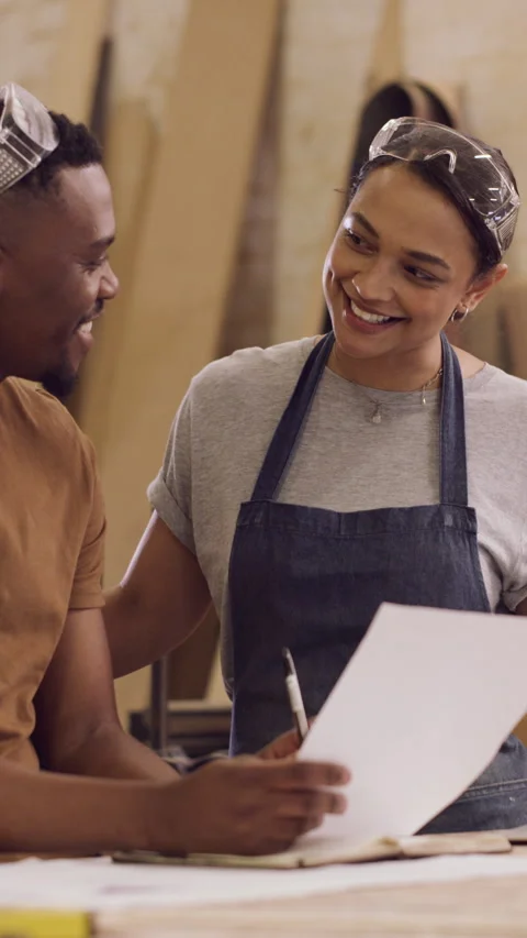 People, carpenter and talk at workshop with documents, insight or furniture Stock Footage 329829022