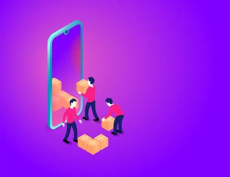 People carrying  boxes into big smart phone Stock Illustration