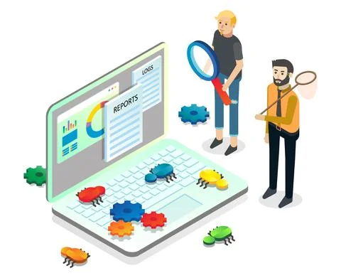 People catching bugs on computer screen, vector isometric illustration. Software Illustrazione stock