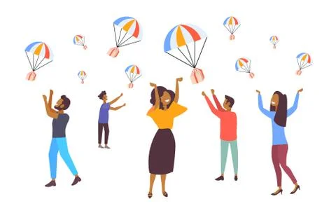 People catching parcel boxes falling down with parachute from sky transportation Stock Illustration