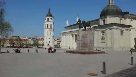 People on the Cathedral square in Vilnius, Lithuania Stock Footage 86012906