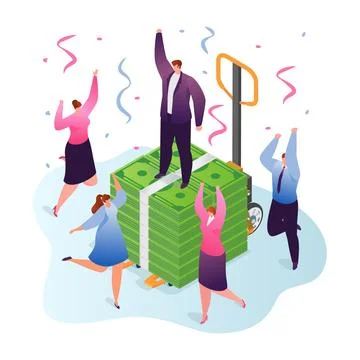 People celebrating around large stack of cash with businessman on top Stock Illustration