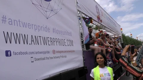 People celebrating on a float during Antwerp Pride Stock Footage 114003197