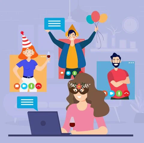People celebrating New Year on computer video conferencing call. New normal and Stock Illustration