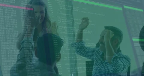 People celebrating success over computer code and data processing animation Stock Footage 306244316