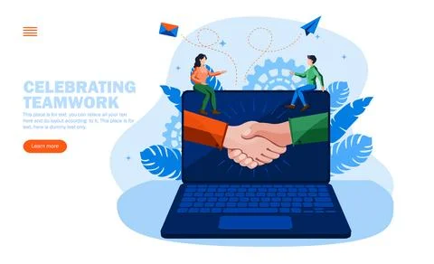 People celebrating teamwork and processes with joining hands in computer, Stock Illustration