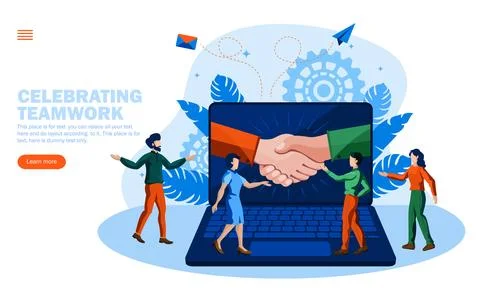 People celebrating teamwork and processes with joining hands in computer co.. Ilustración de archivo
