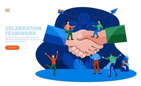 People celebrating teamwork and processes in front of big joining hands, sitting Illustrazione stock