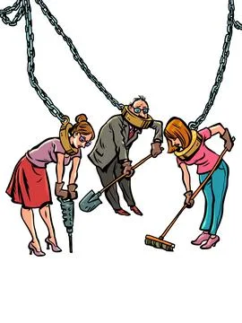 People in chains work. Modern slavery in companies. Problems finding work. Illustrazione stock