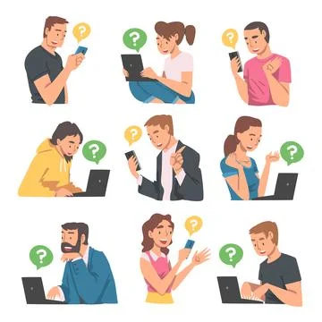 People Character Asking Question Using Internet Search System on Their Stock Illustration