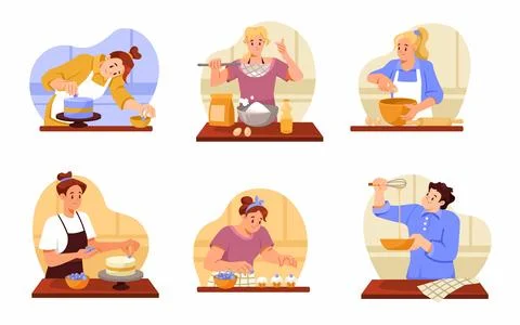 People Character Baking at Kitchen Making Pastry Vector Set Stock Illustration