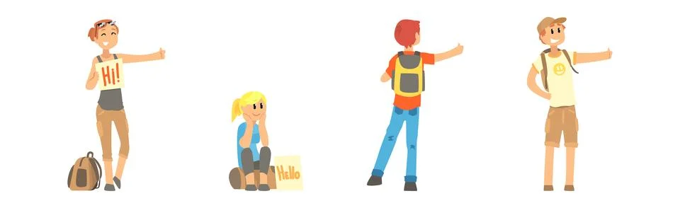 People Character Hitchhiking Standing with Backpack Catch Car Vector Set Illustrazione stock