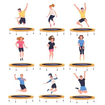 People Character Jumping and Bouncing on Trampoline Engaged in Recreational Stock Illustration