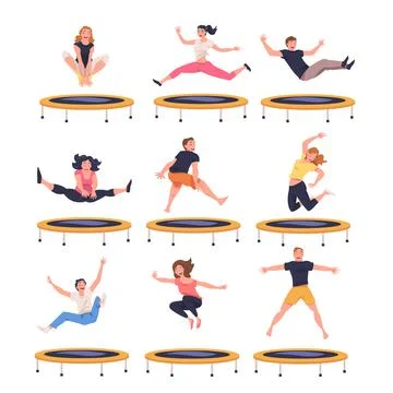 People Character Jumping and Bouncing on Trampoline Engaged in Recreational Stock Illustration