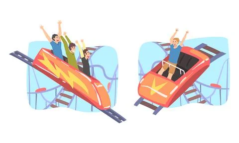 People Character Riding Roller Coaster Laughing Having Fun in Amusement Park Stock Illustration