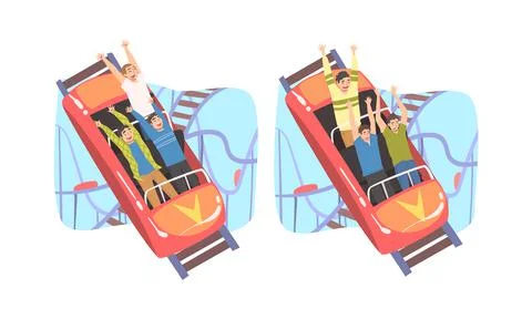 People Character Riding Roller Coaster Laughing Having Fun in Amusement Park Stock Illustration