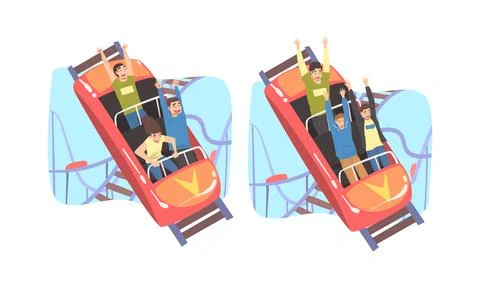 People Character Riding Roller Coaster Laughing Having Fun in Amusement Park Stock Illustration