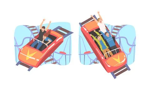 People Character Riding Roller Coaster Laughing Having Fun in Amusement Park Stock Illustration