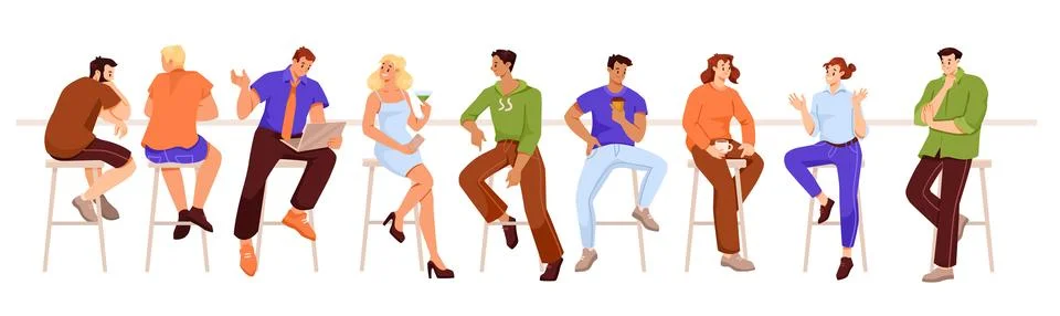 People Character Sitting on Bar Stool Vector Set Stock Illustration