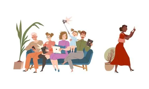 People Character Sitting on Sofa Using Gadget and Electronic Device Working at 库存插图