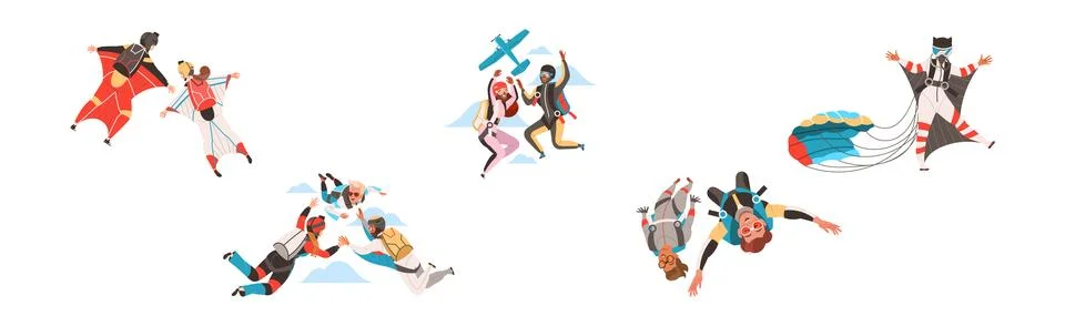 People Character Skydiving Falling Down with Parachute and in Wingsuit Vector Illustrazione stock