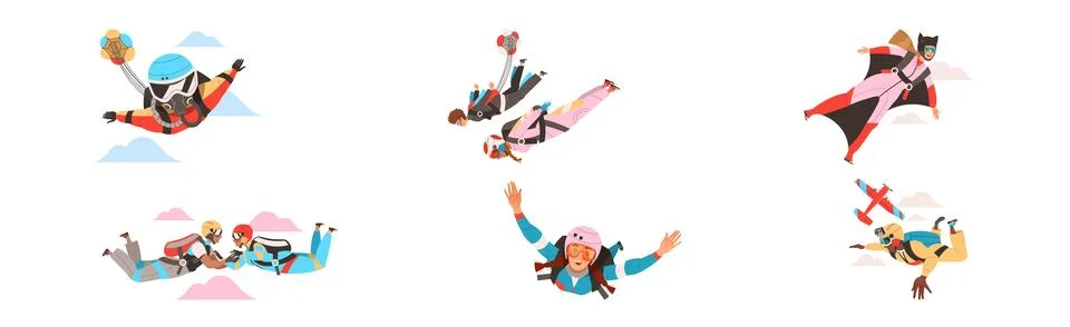 People Character Skydiving Falling Down with Parachute and in Wingsuit Vector Illustrazione stock