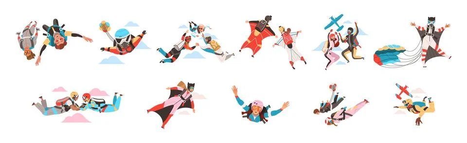 People Character Skydiving Falling Down with Parachute and in Wingsuit Vector Stock Illustration