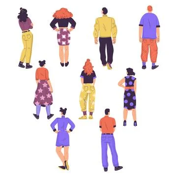 People Character Standing from Behind Back View Vector Set Stock Illustration