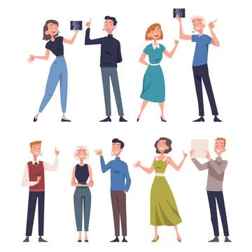 People Character Talking about Something Standing and Speaking Vector Set Stock Illustration