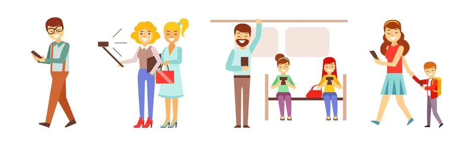 People Character Using Device and Gadget Vector Set Illustrazione stock