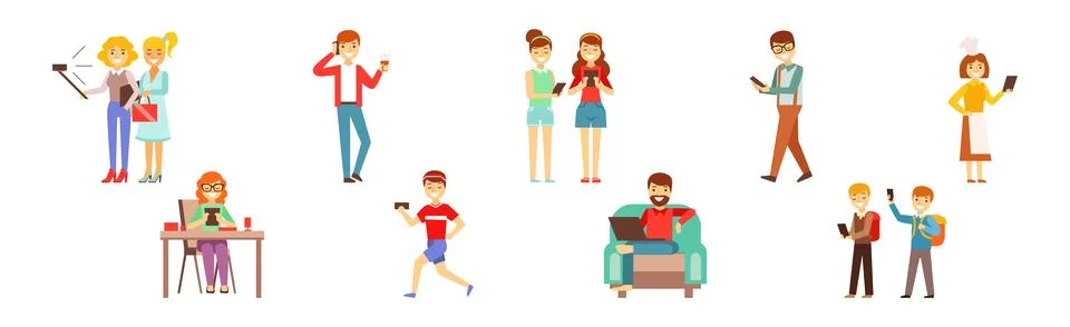People Character Using Device and Gadget Vector Set Illustrazione stock