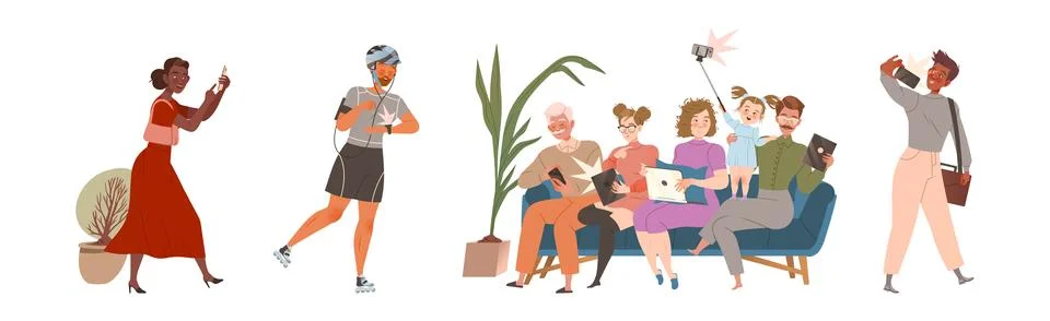 People Character Using Different Gadget and Mobile Device Vector Set Illustrazione stock