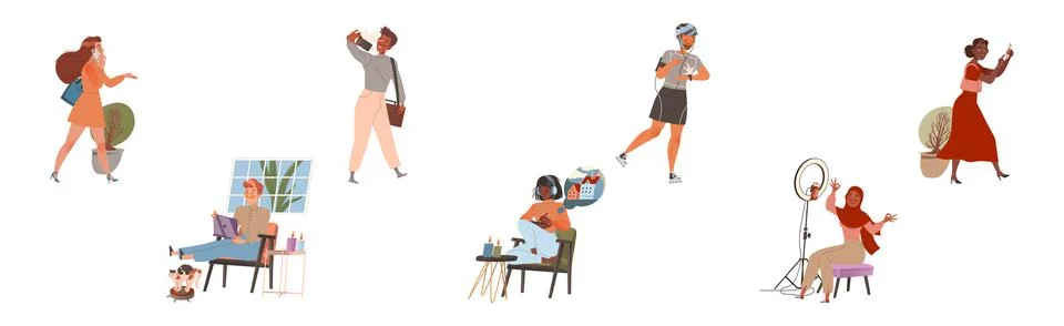 People Character Using Different Gadget and Mobile Device Vector Set Illustrazione stock