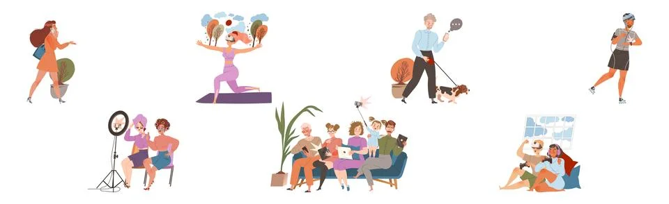 People Character Using Different Gadget and Mobile Device Vector Set Illustrazione stock