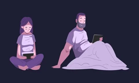 People Character Using Digital Gadget at Night Sitting on Bed Under Blanket Stock Illustration