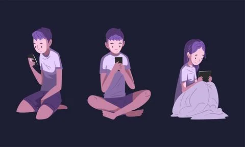 People Character Using Digital Gadget at Night Sitting on Bed in the Dark Vector Stock Illustration