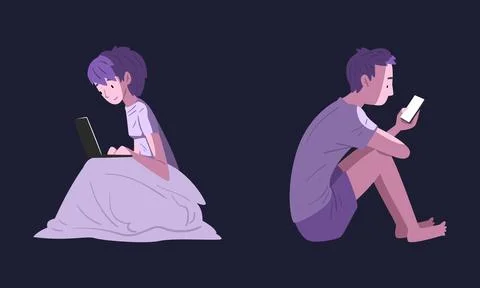 People Character Using Digital Gadget at Night Sitting on Bed Under Blanket Stock Illustration