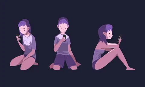 People Character Using Digital Gadget at Night Sitting on Bed in the Dark Vector 库存插图