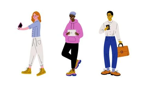People Character Using Smartphone and Tablet PC Vector Set Stock Illustration