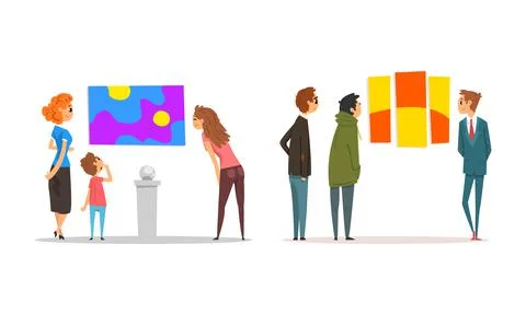 People Character Viewing Shape Modern Abstract Arts Exhibit and Creative Stock Illustration