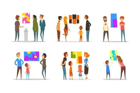 People Character Viewing Shape Modern Abstract Arts Exhibit and Creative Stock Illustration