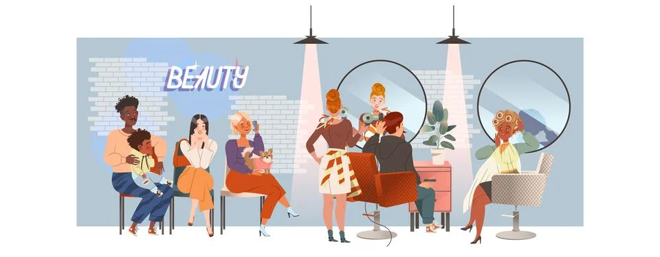 People Character Waiting in Queue or in Line for Beauty Salon Sitting on Chair Illustrazione stock