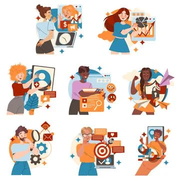 People Character Working with Information Analyzing and Browsing Data Vector Stock Illustration