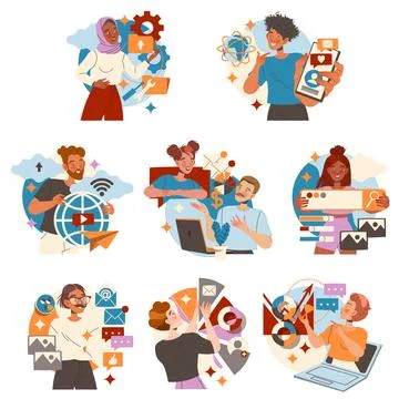 People Character Working with Information Analyzing and Browsing Data Vector Stock Illustration