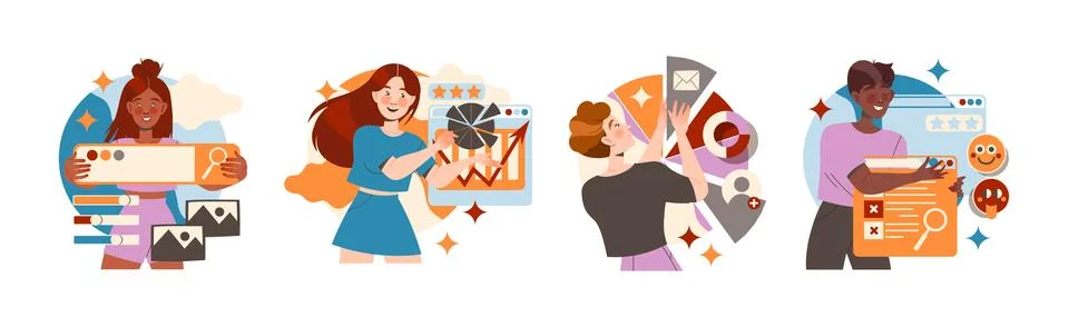 People Character Working with Information Analyzing and Browsing Data Vector Stock Illustration