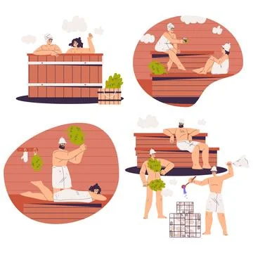 People Characters Bathing in Sauna and Taking Steam Bath Vector Set Stock Illustration